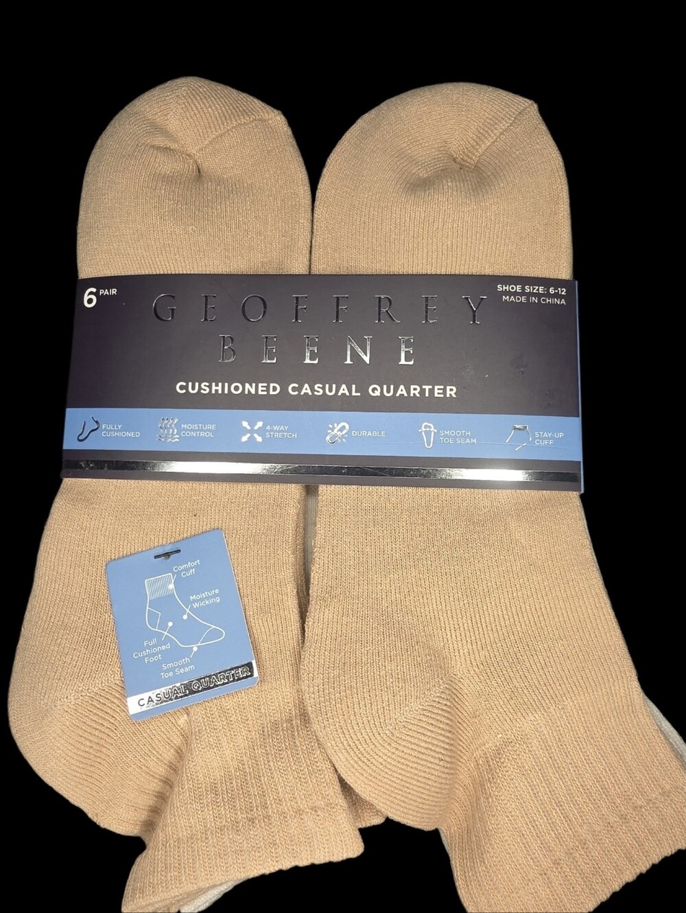 6 Pair Geoffrey Beene Cushioned Casual Quarter Socks. NWT Beige/Cream/Black